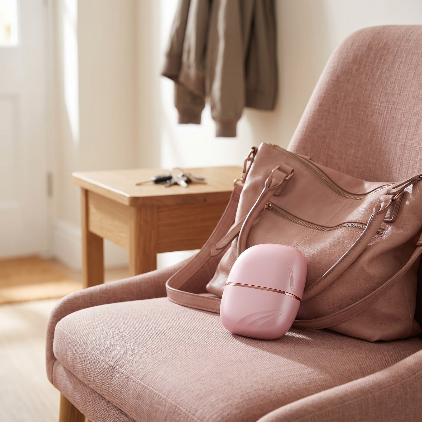 Capped Pink brush with handbag at an entryway