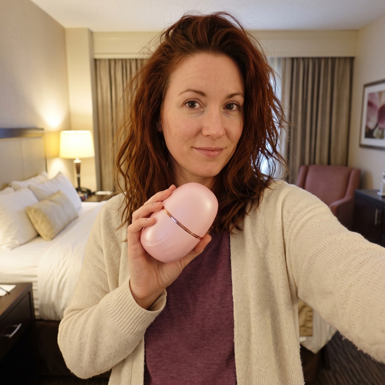 Capped Pink brush selfie at a hotel