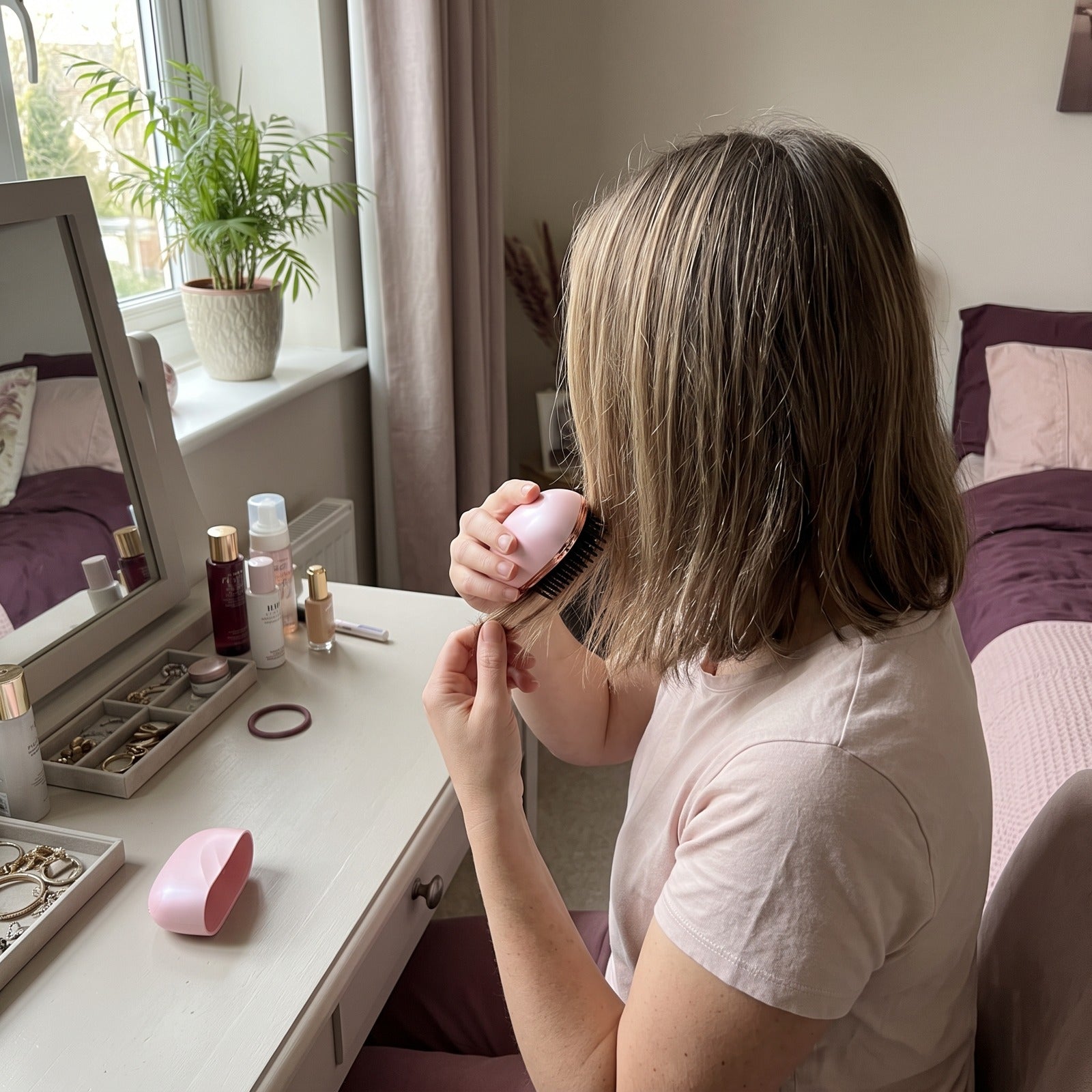 Pink brush smoothing dry ends at home