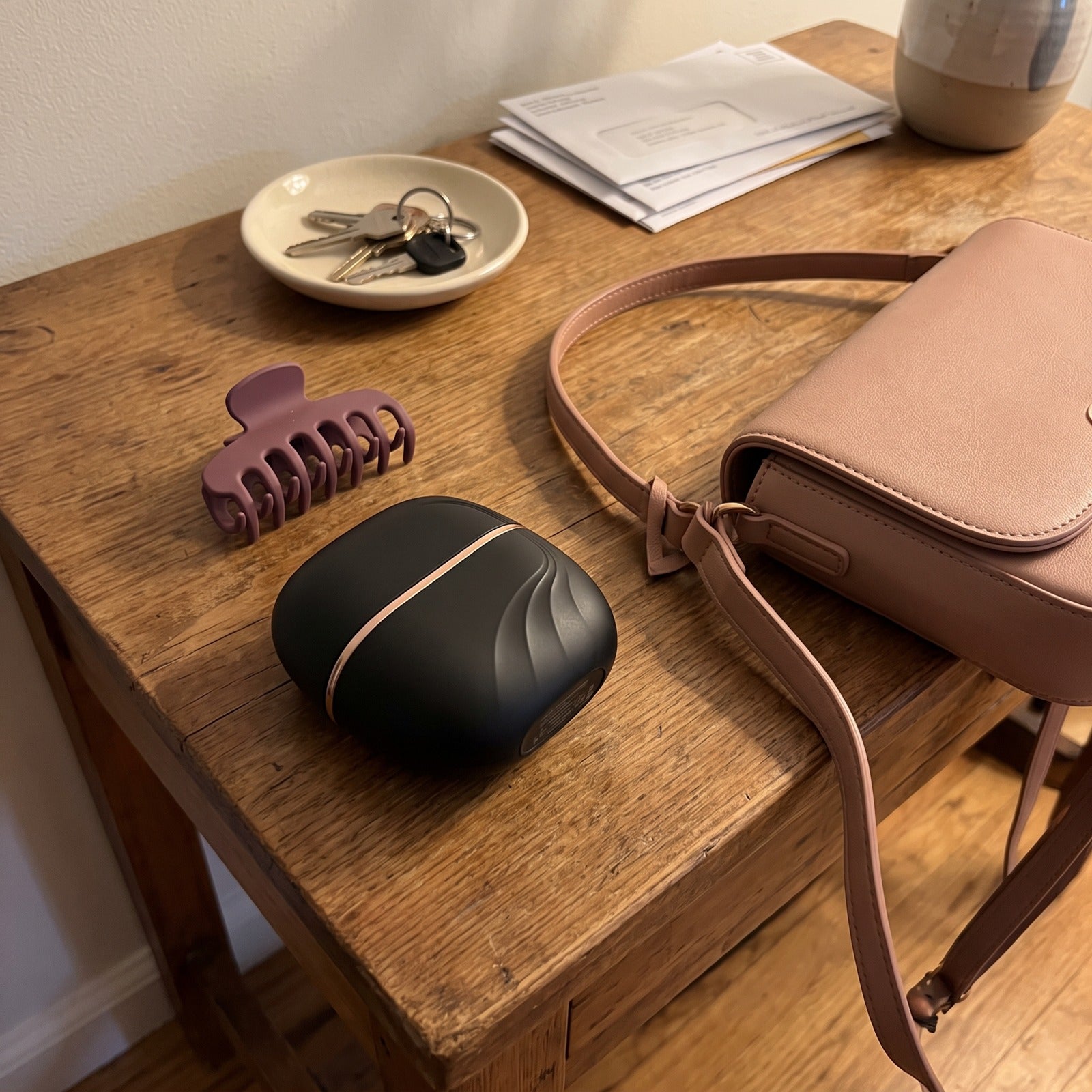 Cooled Black brush beside a clip and handbag
